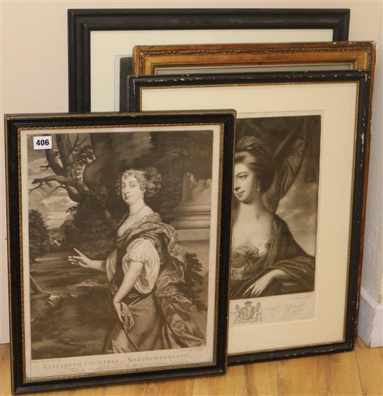 Three 18th century engraved portraits, after Lely, Read and Amoroso and a later coloured engraving by Smith